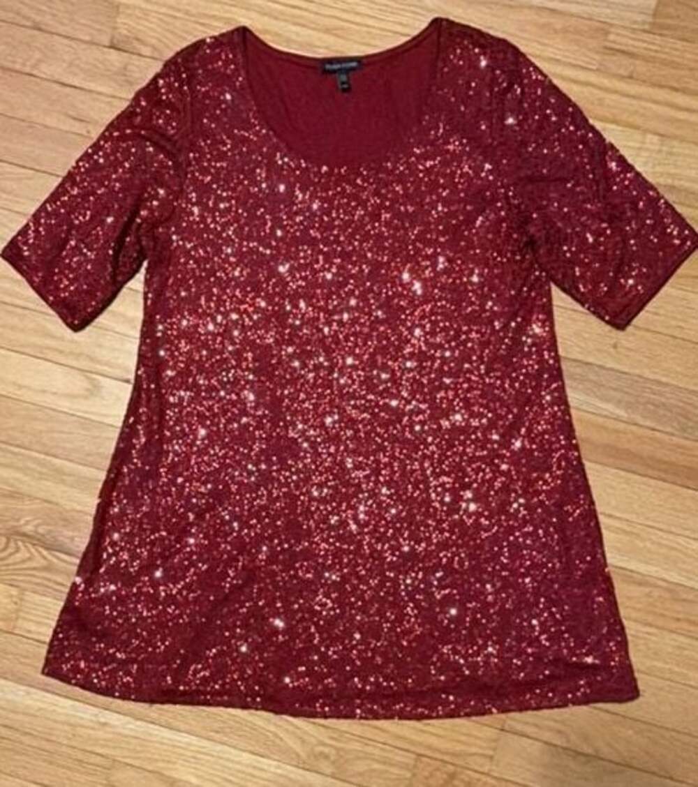 Eileen Fisher 100% Silk Red Sequin Short Sleeve Tunic Top